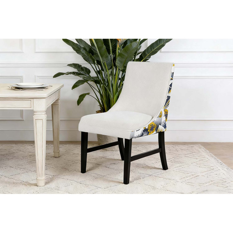 2 PCS High Back Dining Chair with Solid Rubber Legs and Floral-Patterned Back (Beige), Beige