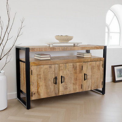 54" Wide Industrial Mango & Iron Sideboard with Storage Cabinets and Open Shelf