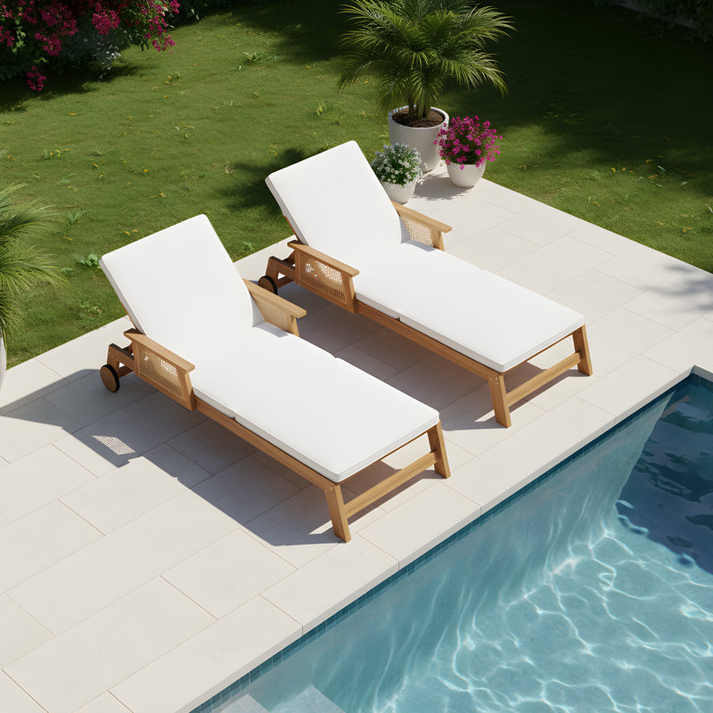 Tomsich Patio Acacia Wood Chaise Lounge with Wheels & Adjustable Backrest, 2