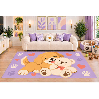 Tapis « Ultra Fin » 152 x 213 cm (5 pi x 7 pi) à motifs de chiots et d'ours en peluche lavande. Motifs mignons de pattes de chien et de cœurs. Décoration idéale pour chambre d'enfant ou chambre d'animal de compagnie. Dos en silicone antidérapant. Poils courts.