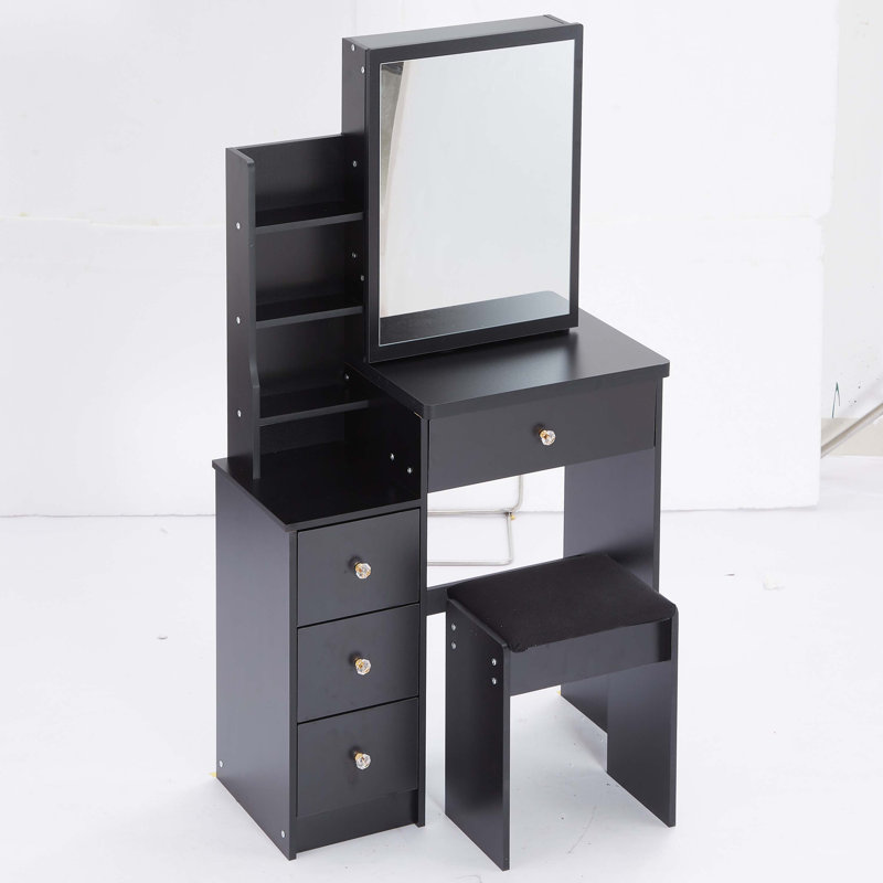 Small Size Left Bedside Cabinet Vanity Table + Cushioned Stool, Extra Large Sliding Mirror, Multi Layer, High Capacity Storage Fashionable Dresser, Suitable for Small Space, EPA,GCC,UL Certificate