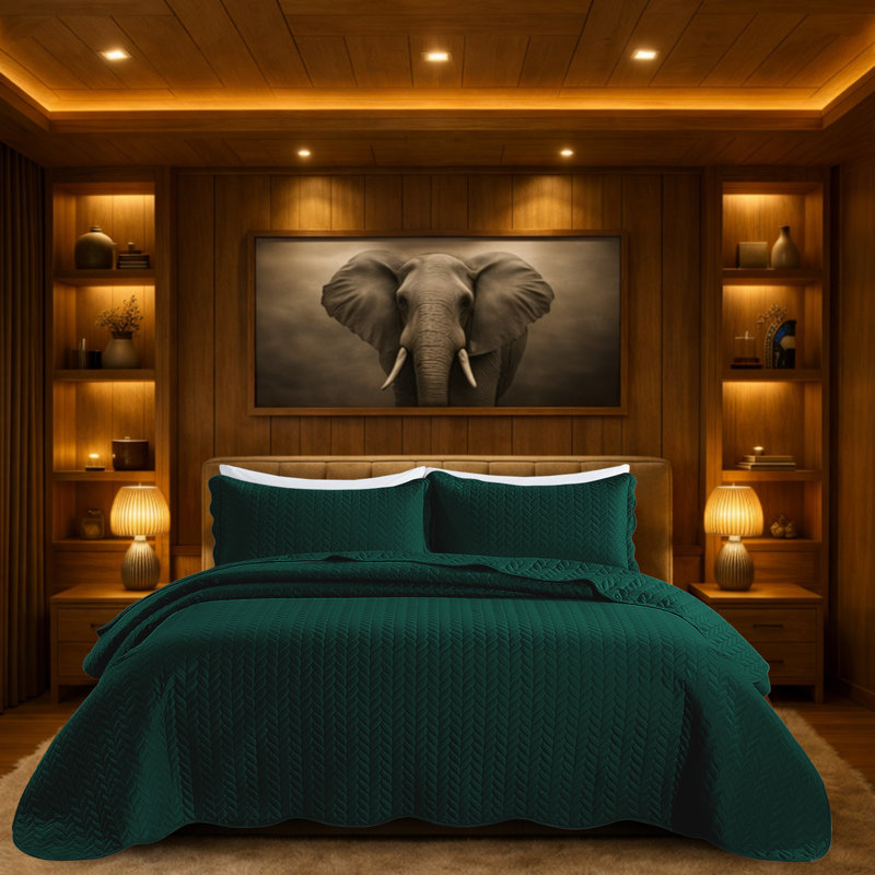 Microfiber Embossed Oversized Bedspread Set With Shams – Modern & Contemporary, Machine Washable, Dust-Resistant, Emerald