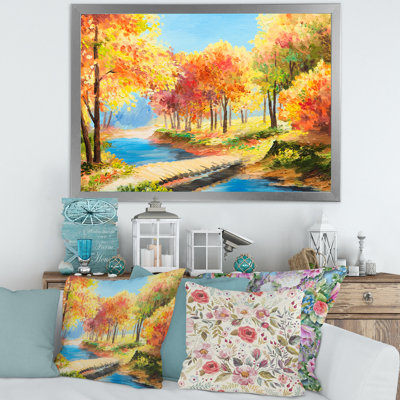 " Yellow And Orange Trees By The Riverside " Painting Print
