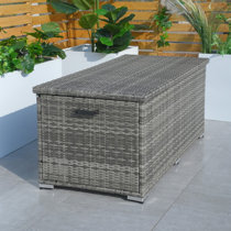 PROHIKER Multifunctional Wicker Deck Box, All-Weather 55 Gallon Outdoor Storage Box With Cushions, Storage Bench Rattan Storage Bin For