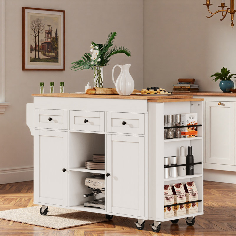 Rolling Kitchen Island With Extendable Dining Table, Charging Station, Three-tier Open Side Storage Rack, 3 Drawers And 2 Storage Cabinets