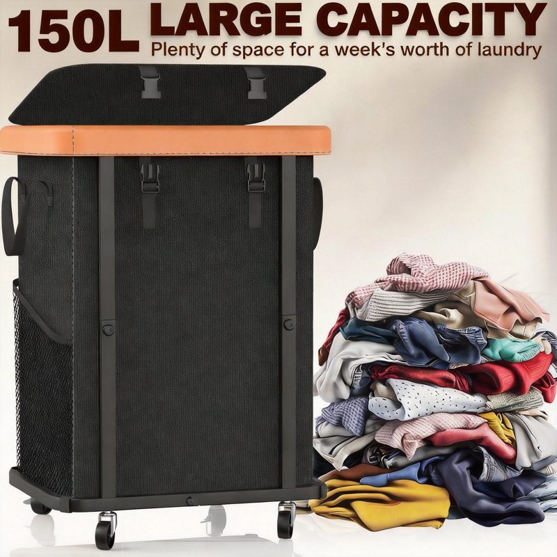 150L (40 Gal) Large Fashion Laundry Basket,Leather Patchwork Rolling Hamper Carts, Sturdy Metal Frame, Removable Washable Bag,(Black)