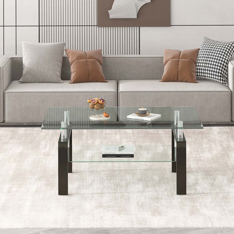 2-Layers Tempered Clear Glass Coffee Table, Clear, 17.32" H x 39.37" L x 23.62" D, Black