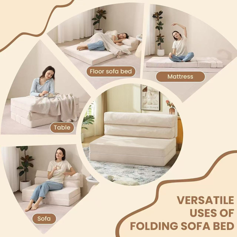 Canapé-lit pliant, canapé-lit convertible avec matelas pliable Pilow, canapé-lit 2 en 1 escamotable, chaise pliante portative, canapé-lit confortable, salon, chambre à coucher, simple, beige