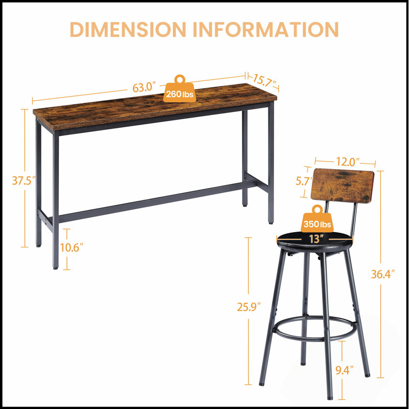 Longue table de bar industrielle avec 3 tabourets rembourrés en polyuréthane, pour les réunions domestiques, Brun, Noir