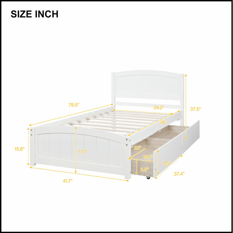 Lit plateforme moderne avec deux tiroirs spacieux, parfait pour le rangement et une chambre à coucher élégante, White