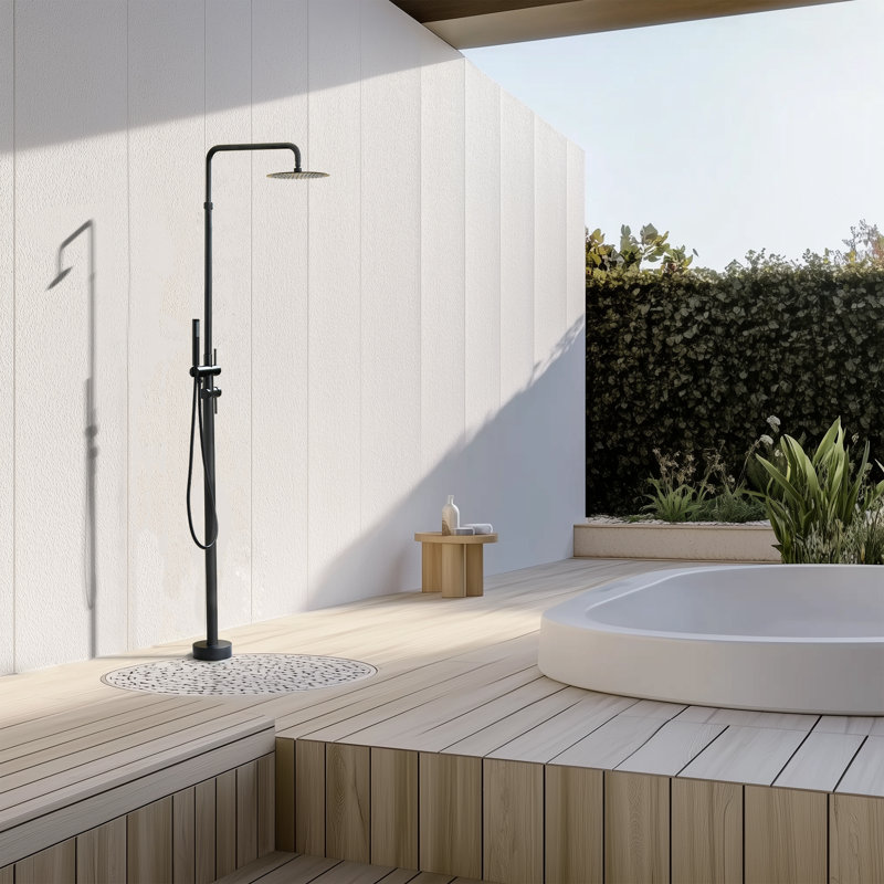 Douche extérieure autoportante à hauteur réglable de 86 po en acier inoxydable avec douche à main, Noir mat