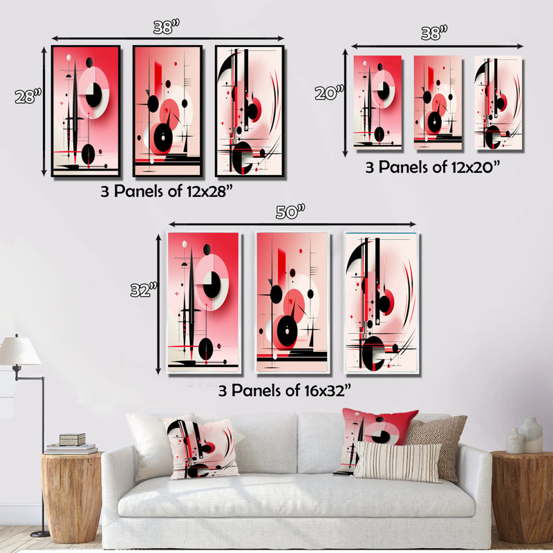 «In The Know Circular Geometrics Black and Pink», 3 pièces sur toile, Toile tendue, H 40 po x l 60 po