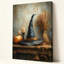 Nature morte « Chapeau de sorcière, citrouilles et bougies », peinture à l'huile sur toile tendue, 61 x 91 cm, prête à accrocher