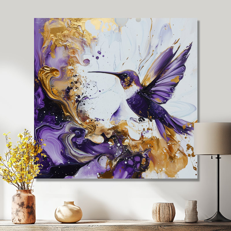 Nectar de colibris mauve doré, impression murale en métal animalier moderne, H 36 po x l 36 po