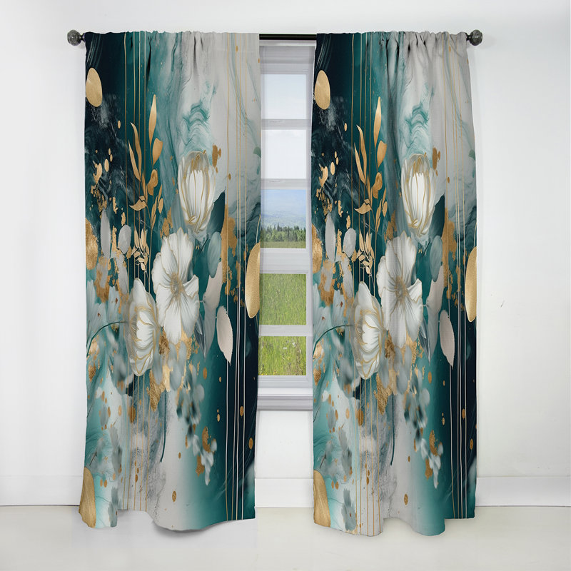 Golden Blue Marble Flowers I - Floral Curtain - Blackout Floral Curtain - 1 Panels, 52" W x 63" L