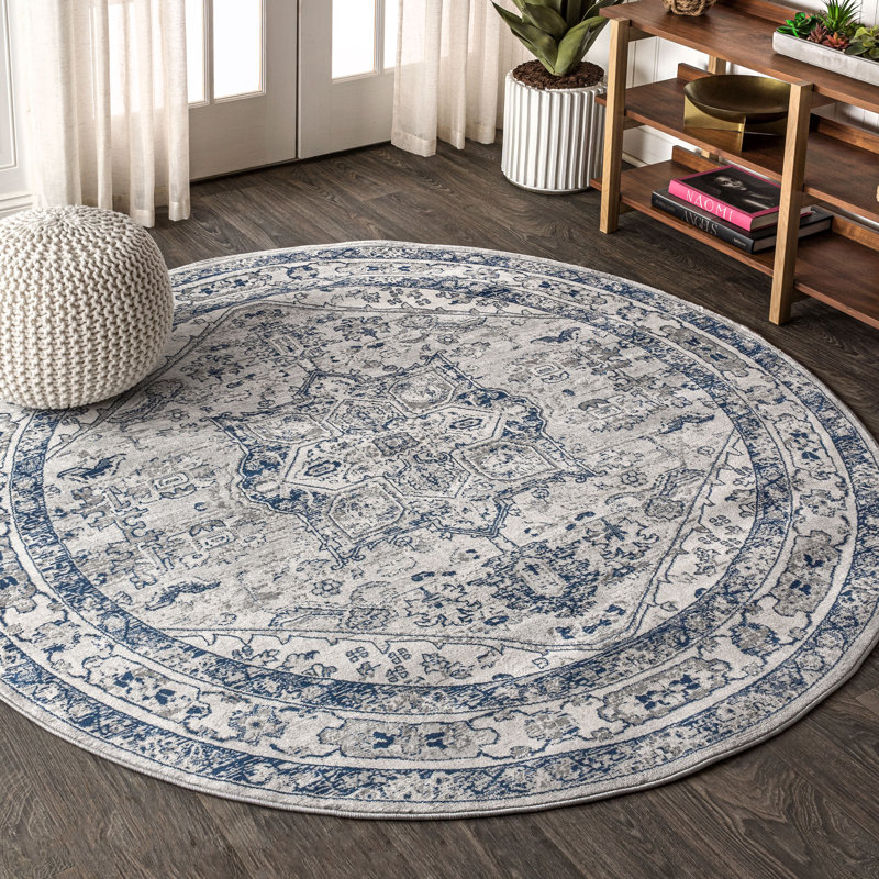 Lawton Modern Persian Vintage Medallion Light Gray/Navy Rug, Round 5'