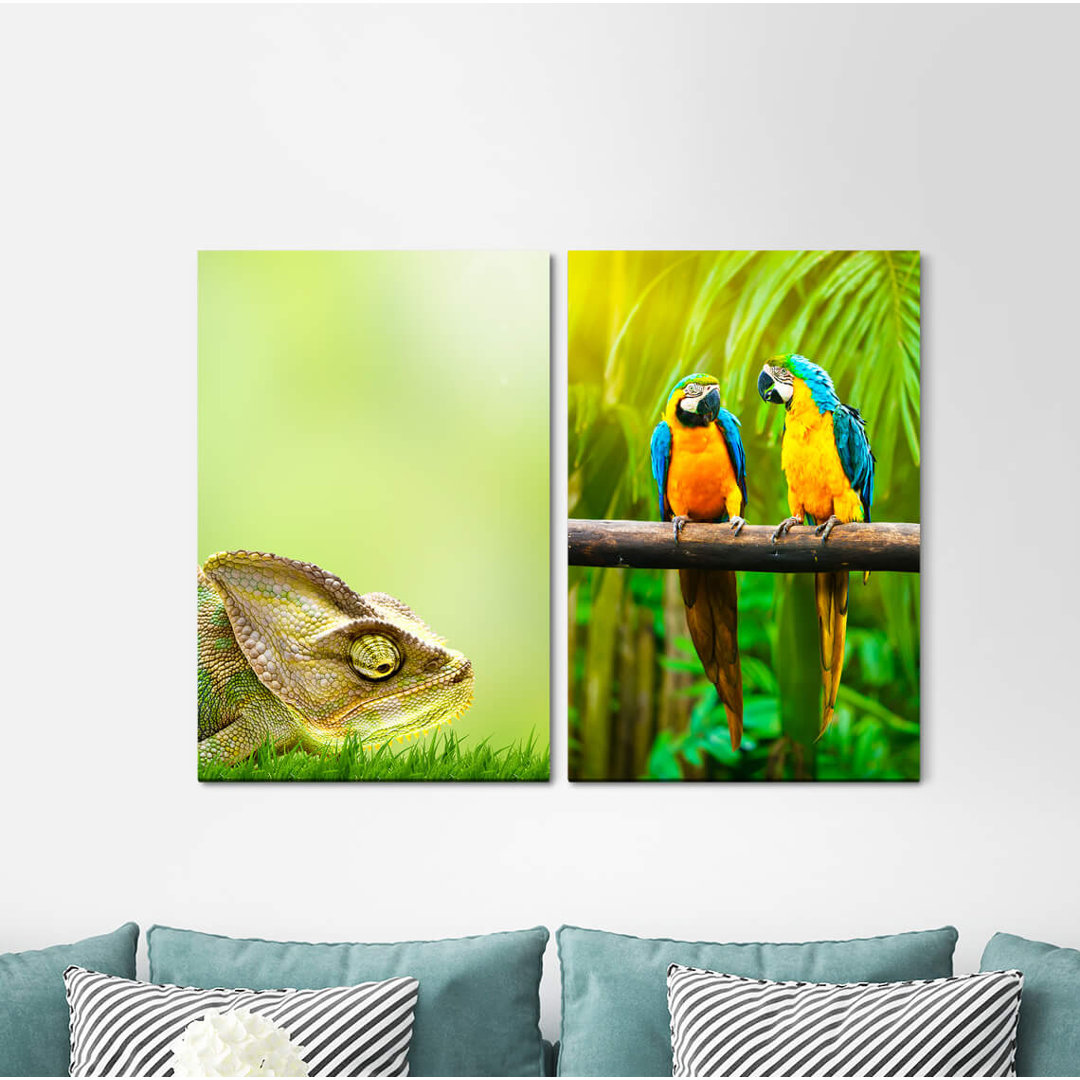 2-tlg. Leinwandbilder-Set - Grafikdruck „Chameleon Green Parrots Paradise Summer Jungle Palm”