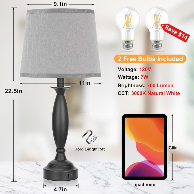 Lampe de table USB en métal Stantonsburg, Noir, Gris