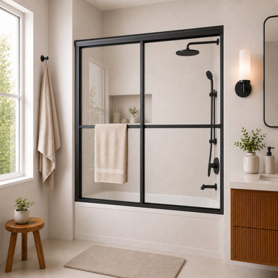 Porte de baignoire coulissante double sans cadre 59 po x H 56 po avec verre transparent