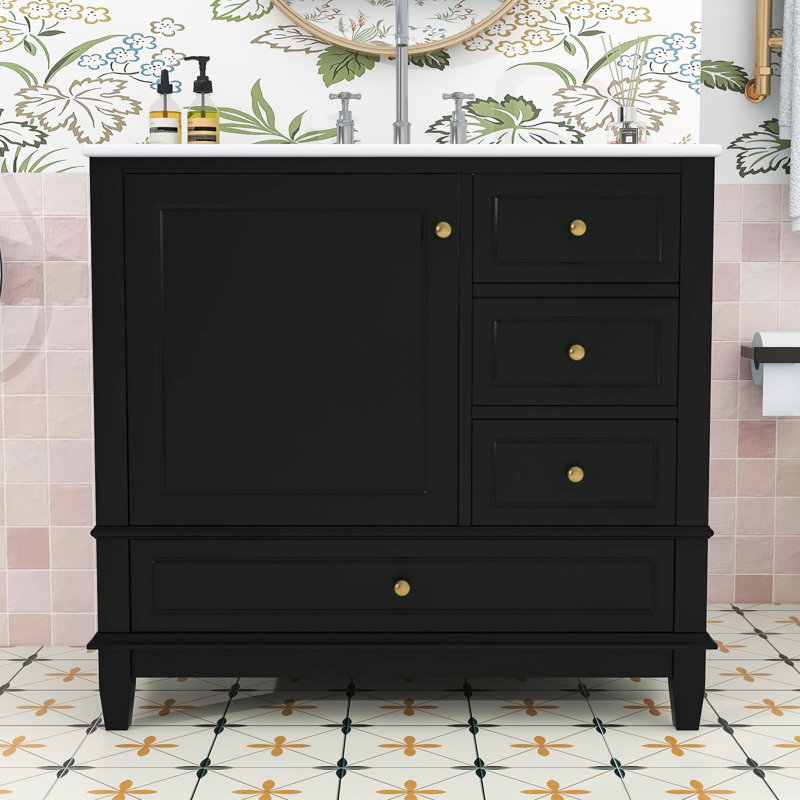 Meuble-lavabo simple autoportant moderne avec lavabo en céramique et tiroirs de rangement, Noir