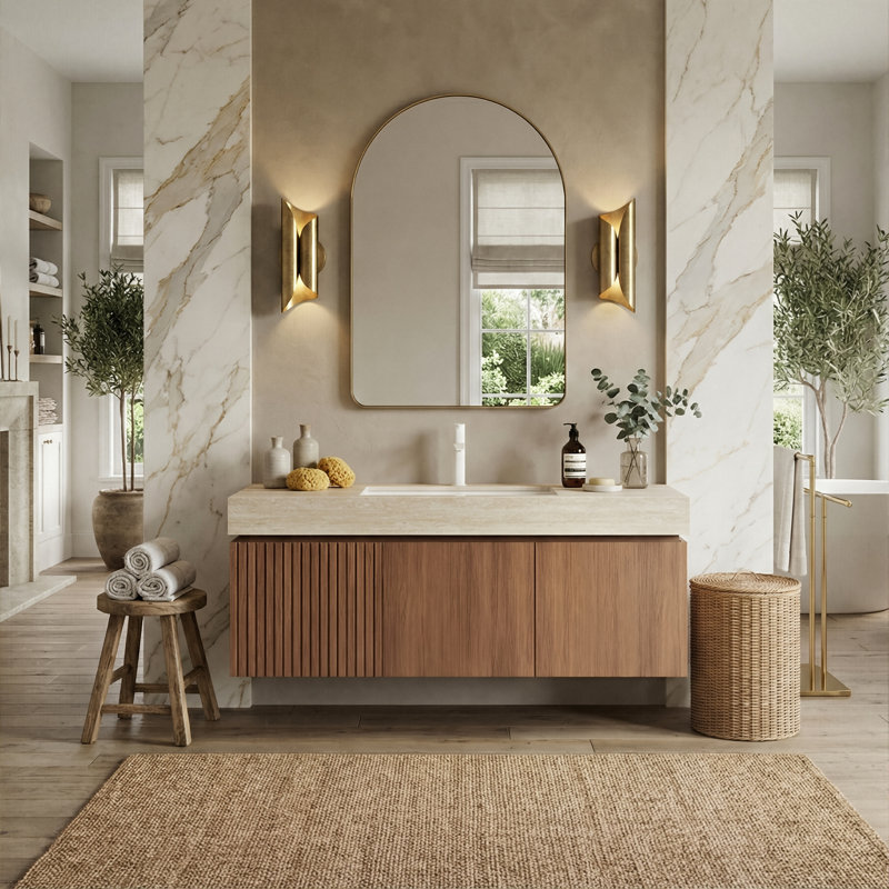 Meuble-lavabo mural 48 po avec comptoir en pierre frittée et lavabo en céramique, armoire de rangement avec 1 tiroir et porte à fermeture en douceur