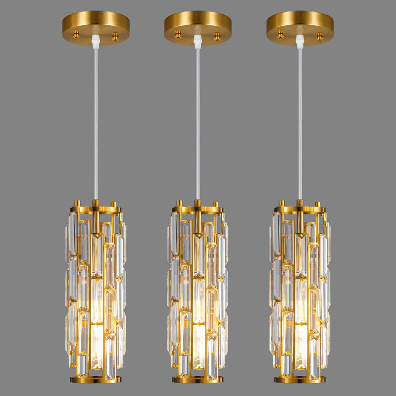 Taveyon Crystal Cylinder Pendant Lights Kitchen Island, Gold, 3 Lights
