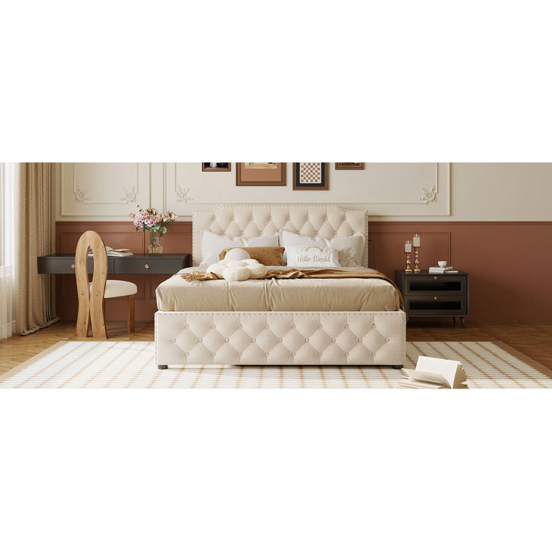 Grand lit plateforme tapissier avec lit gigogne simple et 2 ensembles de ports USB de chaque côté, tissu en lin, Beige
