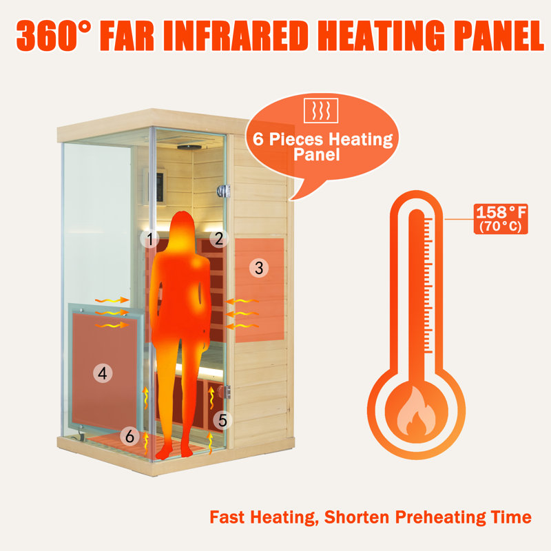 Wizzisaunas 1-Person Indoor Far Infrared Wooden Sauna With 3-Sided Tempered Glass, Red and Blue Light Therapy, Left-Facing Door Design, Remote Temperature Control Via App, Built-In Bluetooth Speaker, Hemlock Wood