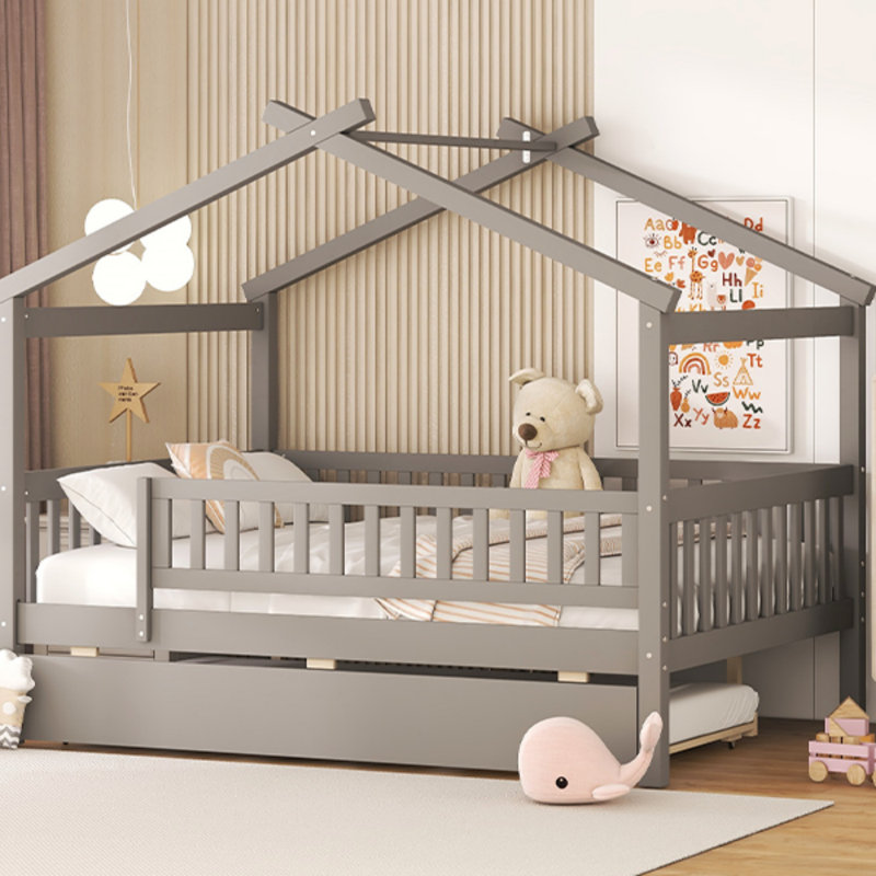Zhayne Wooden House Bed with Trundle, Full, Gray