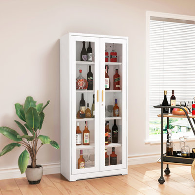Display Cabinet with Glass Doors, White 71'' Tall Curio Cabinets with Lock, Metal Glass Display Case for Collectibles, Living Room, School, Commercial