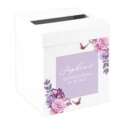 Custom Quinceanera Card Box, Lilac Lavender Floral & Butterfly XV Birthday Party Decorations