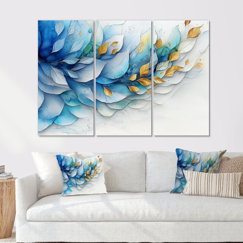 Pétales de fleurs délicates bleues et blanches I - fougères, art mural - 3 pièces, H 28 po x l 36 po, Toile tendue