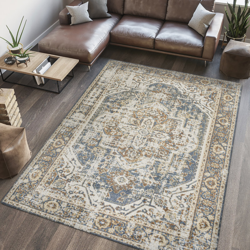 Keesha Bold Distressed Medallion Low-Pile Machine-Washable Blue/Cream Rug, Rectangle 5'3" x 7'7"