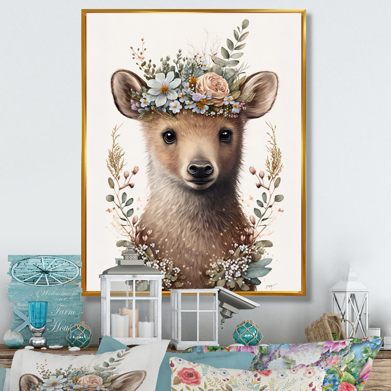Mignon bébé ours avec couronne florale II - animaux, art mural sur toile, L 30 po x H 40 po, Cadre flottant doré