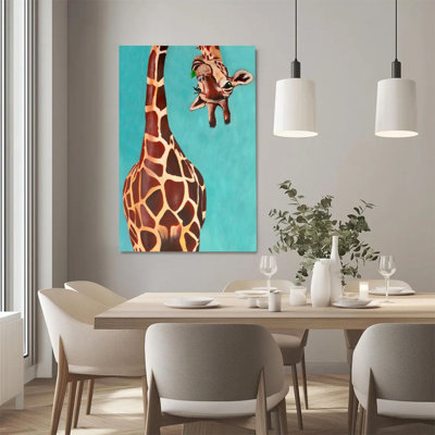 2D Flat, 1Pc Framed Canvas Wall Art, Giraffe, Adorned with Green Leaves, Realistic Oil Painting Style Art Print Canvas Poster Painting Room Wall Decor