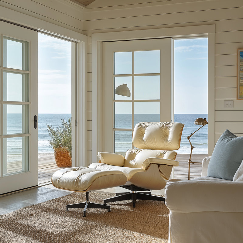 Swivel Accent Chair With Ottoman In Top Grain Leather, Cream/Natural Walnut