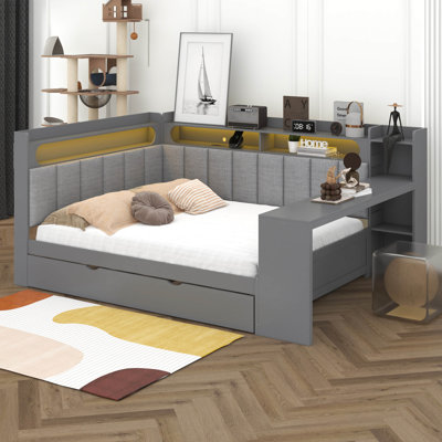 Full Size Daybed With Storage Shelves And Upholstered Headboard, Corner Bed Frame With Trundle, Charging Station And LED Light