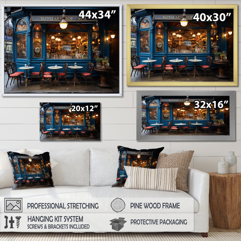 Mashanna France Parisian Cafe Blues - France, art mural, 34" H x 44" W, Toile tendue