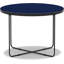 Table basse ronde Adore Decor Thomas, 44,5 cm de hauteur x 62 cm de largeur, dessus laqué bleu et piètement géométrique en métal noir, style industriel moderne.