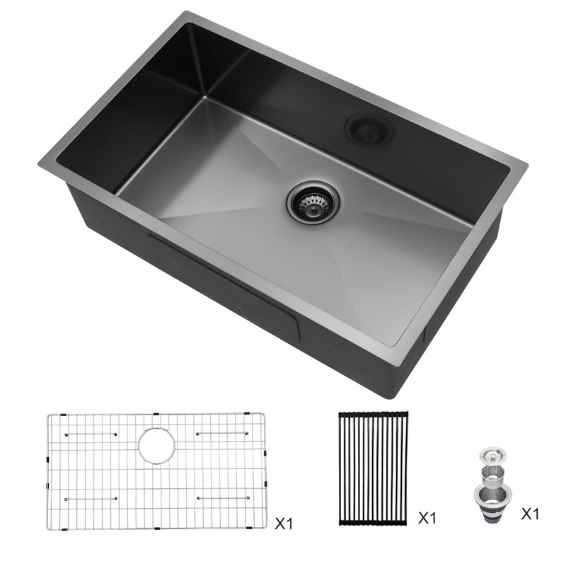 32‘’ L x 19‘’ W Undermount Single Bowl Stainless Steel Kitchen Sink with Sink Grid, Strainer and Roll-up Rack
