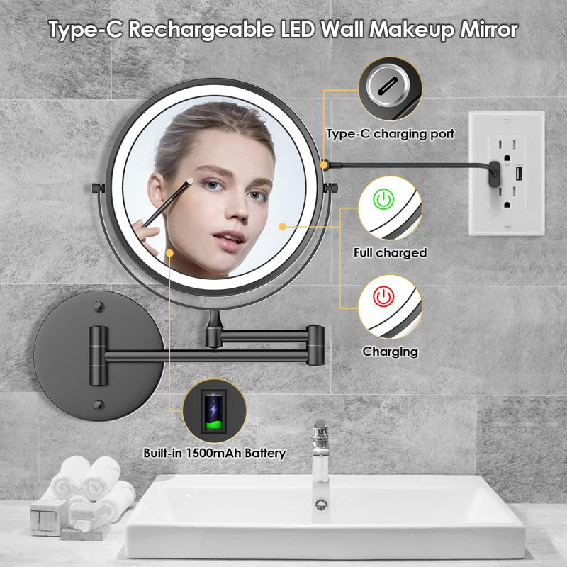 Black Rechargeable Wall-mounted Led Makeup Mirror 8" Double-sided