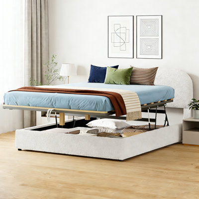 Grand lit tapissier avec rangement relevable, blanc