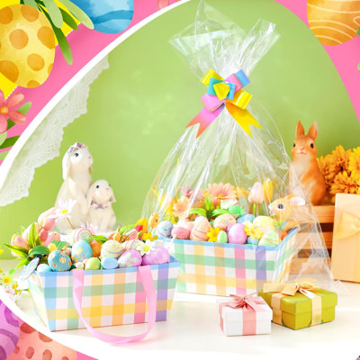 24 Pcs Easter Basket For Gifts Empty Easter Plaid Gift Basket Empty To Fill With Handle, Transparent Bag And Bow For Spring Wedding Birthday Party Favor Supplies, 9.8 X 6.5 X 4.3''