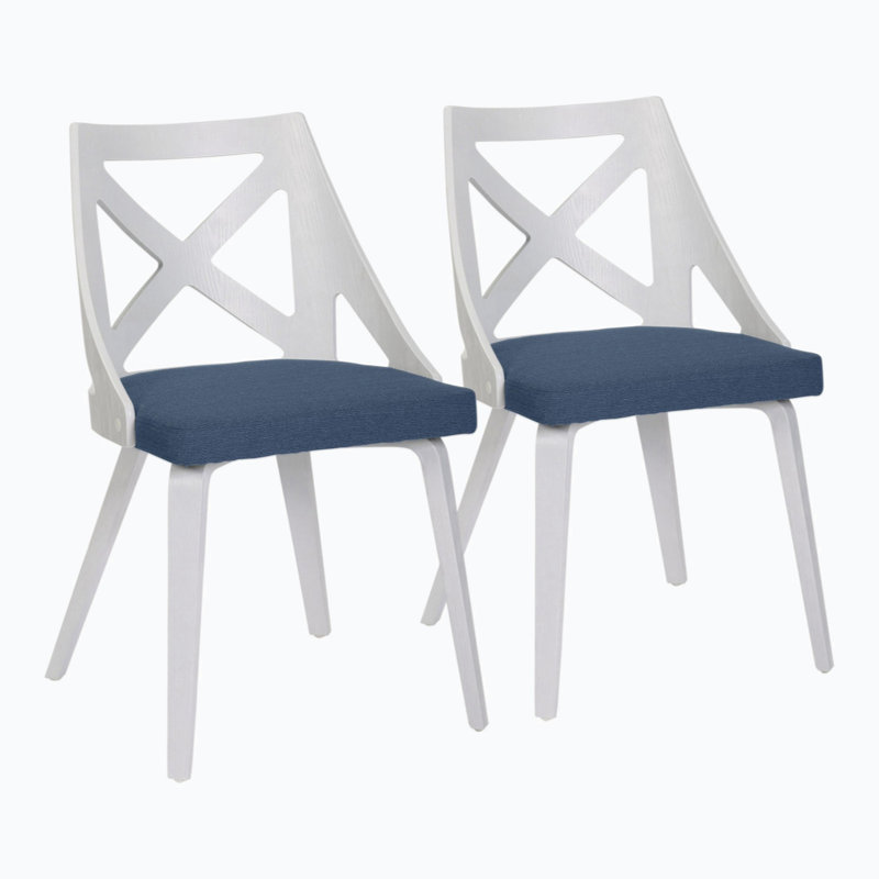 Chaise de ferme en bois texturé blanc et tissu bleu par Lumisource - ensemble de 2, Bleu