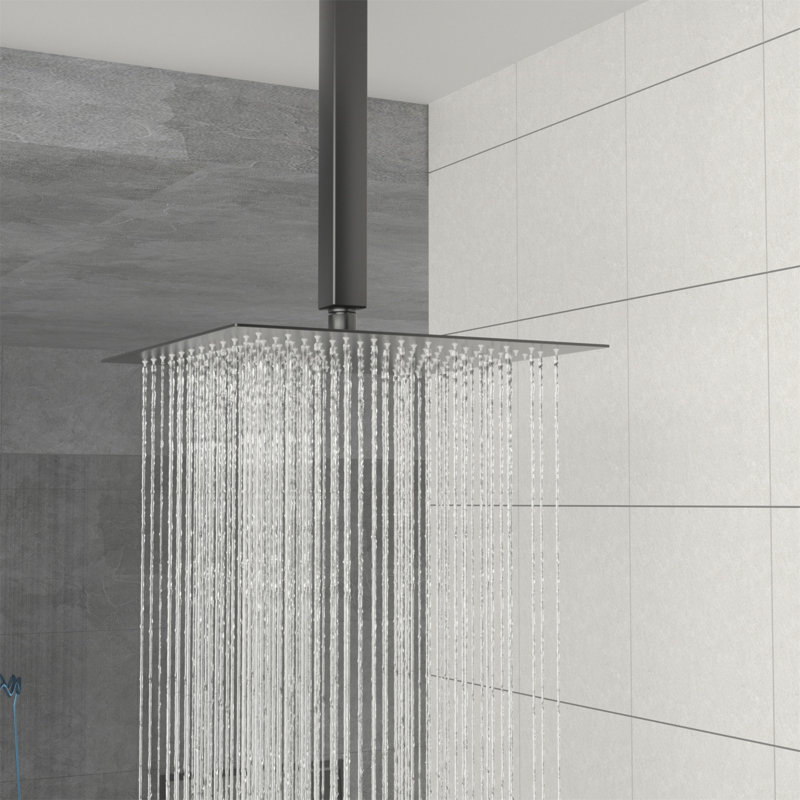 Pomme de douche double - Système de douche carré à fixation au plafond de 16 pouces avec valve brute, Noir mat
