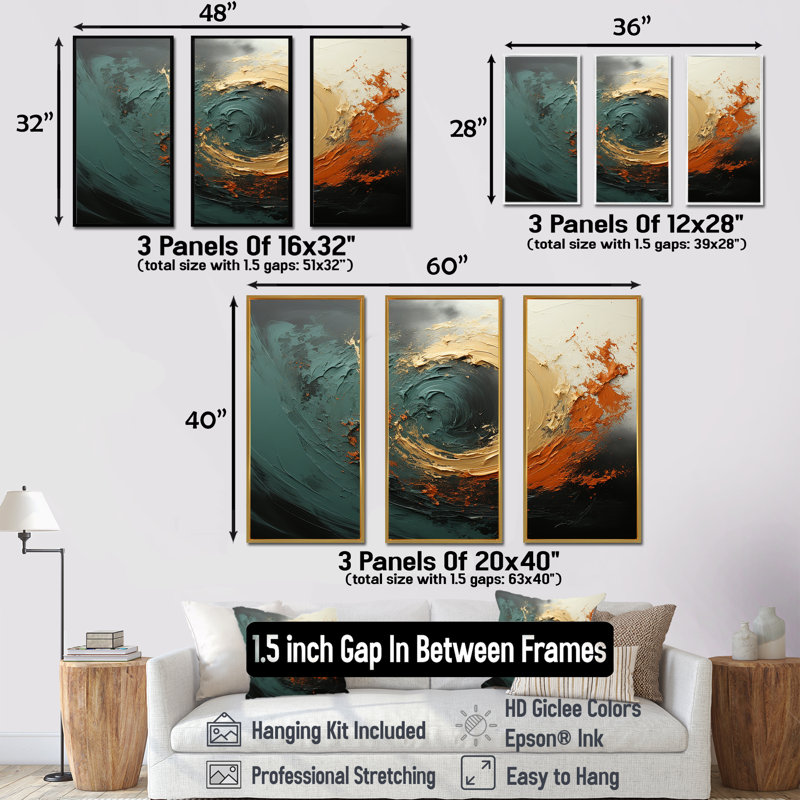 Orange et vagues ondulées oranges Melody III - abstrait spirales murales, Cadre flottant noir, H 40 po x l 61 po x P 1 po