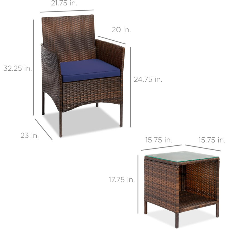 Brown and Navy 3-Piece Outdoor Wicker Patio Bistro Set