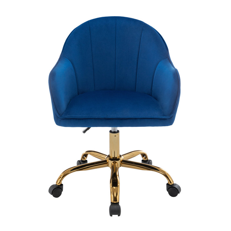Chaise de bureau en velours Jaylyn avec base en chrome doré, Bleu