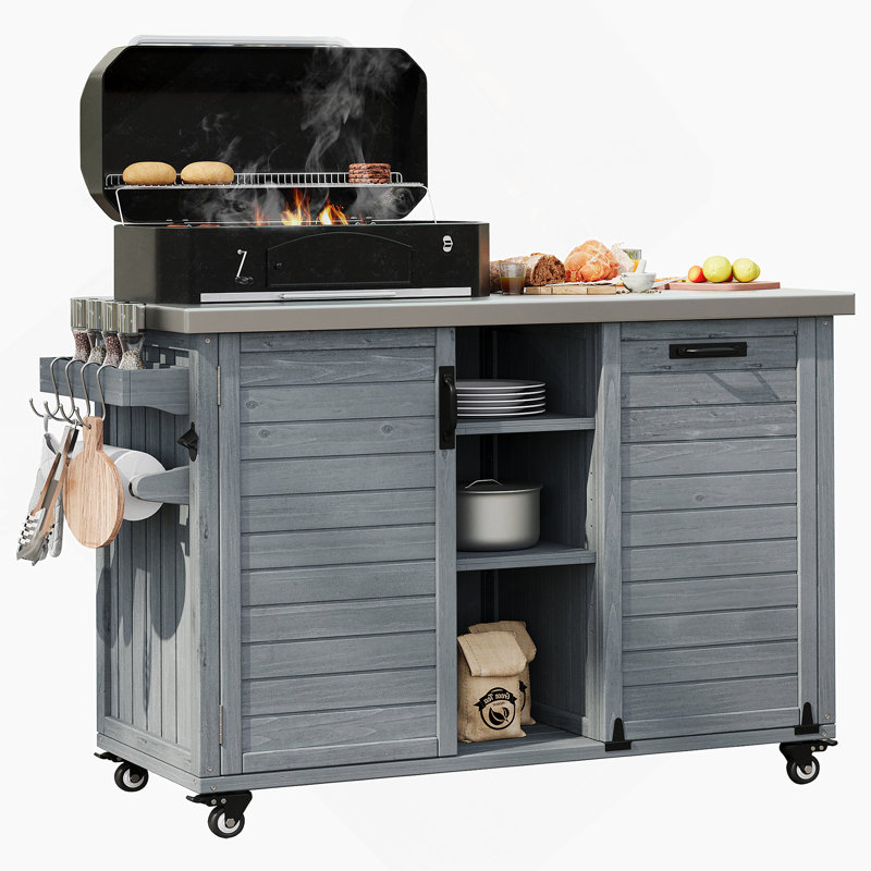 78.3" Outdoor Kitchen Island With Foldable Grill Table, Wooden Outdoor Grill Cart With Trash Can Storage & Stainless Steel Top, Outdoor Bar Cart, Pizza Oven Table For Lawn & Garden, Grey Blue