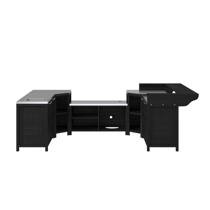 Ensemble de cuisine extérieure en cèdre noir en forme de U, 6 pièces, avec évier, espace barbecue, double rangement d'angle et bar.